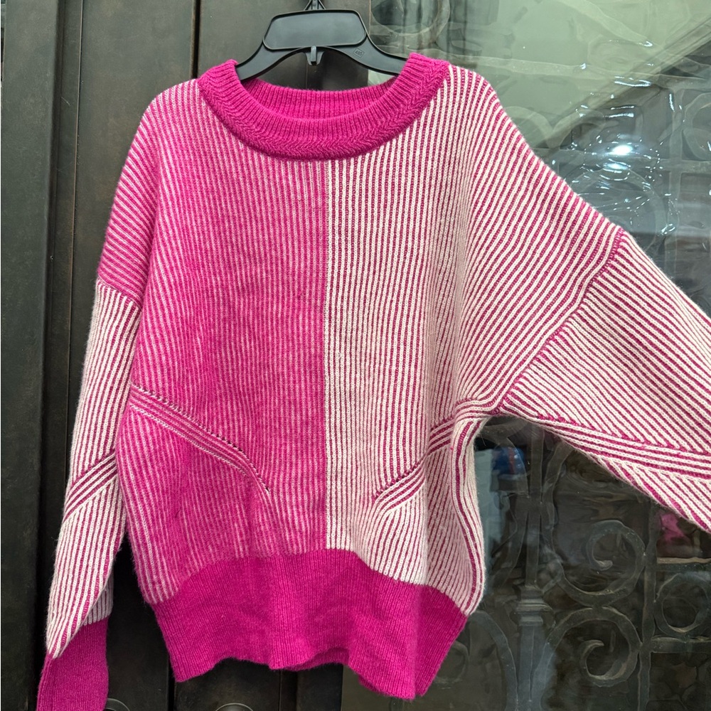 Vibrant Pink and White Striped Women's Sweater